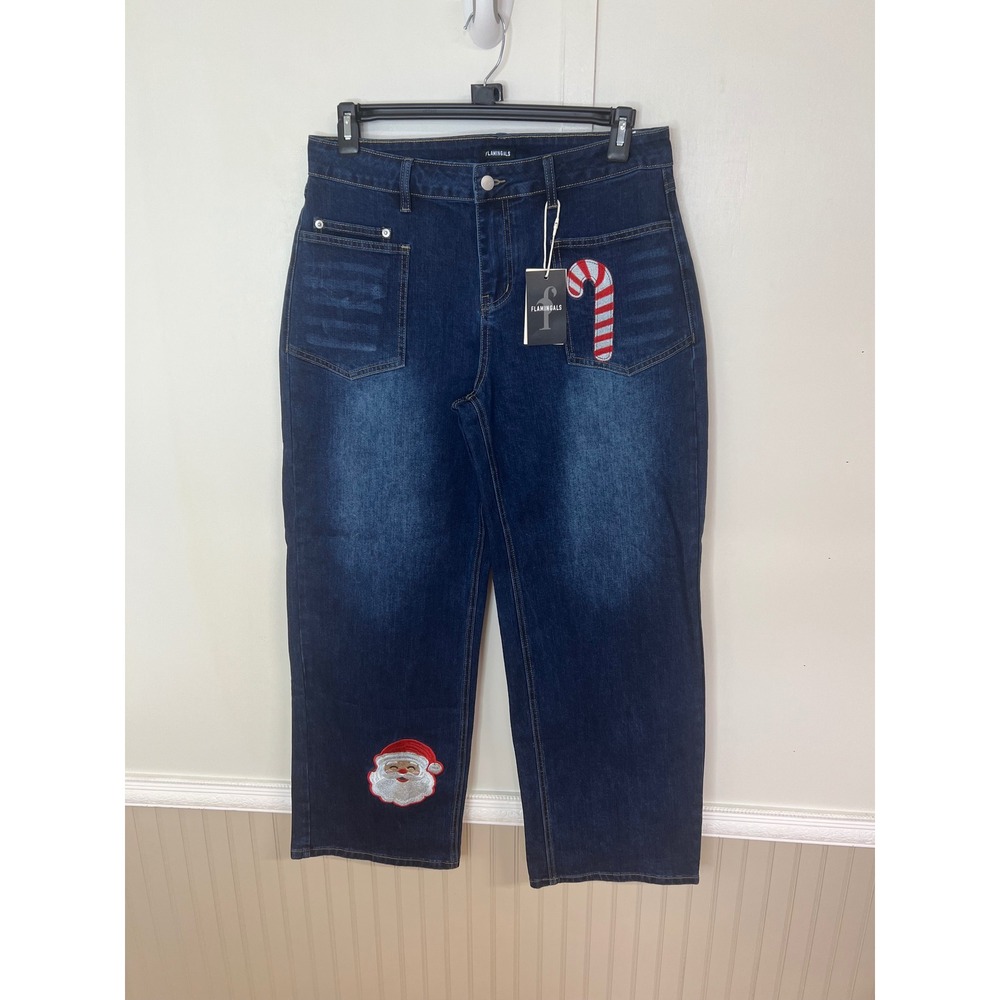 Flamingals Womens XL Christmas Santa Candy Cane Patch Dark Wash Straight Jeans
